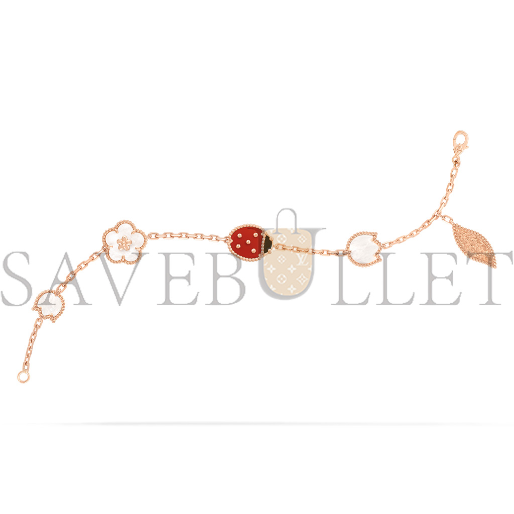 VAN CLEEF ARPELS LUCKY SPRING BRACELET, 5 MOTIFS - ROSE GOLD, CARNELIAN, MOTHER-OF-PEARL, ONYX  VCARP7RR00